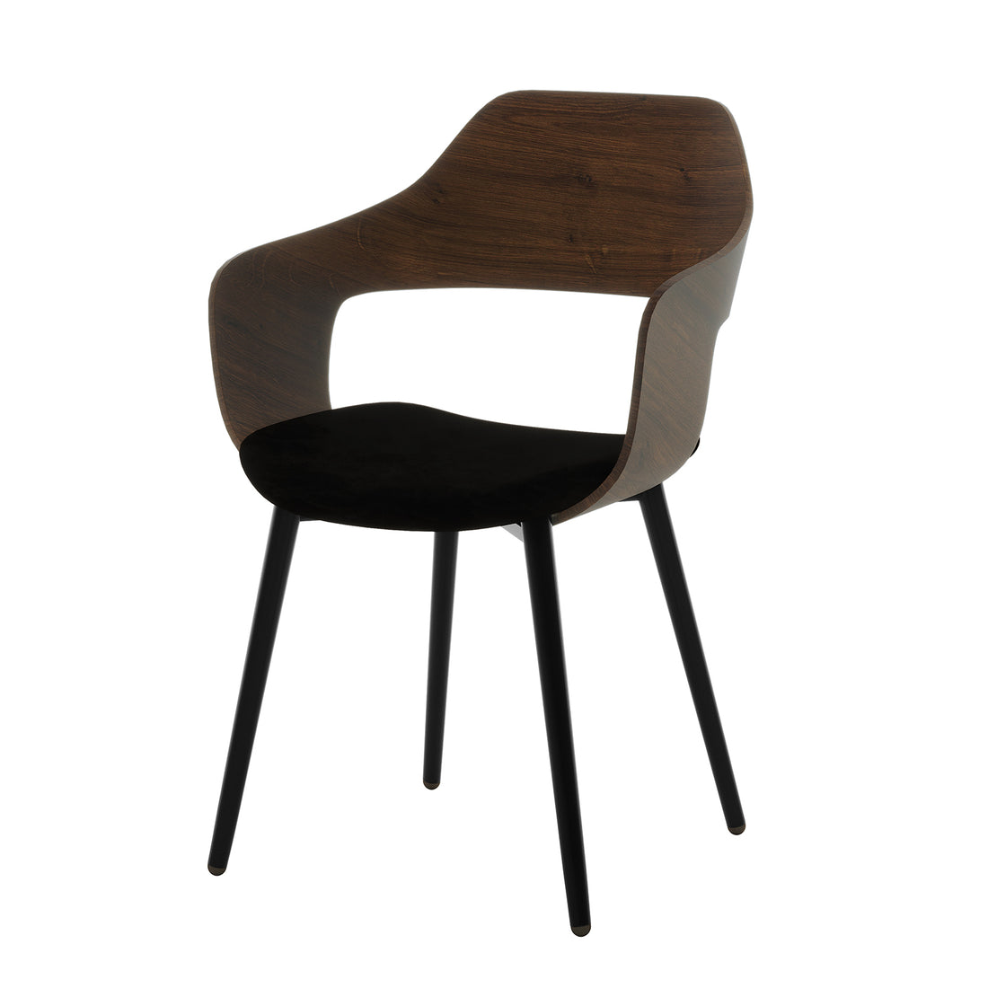 Kaylani & Winfield 5-Piece Wooden Dining Set features a round veneer table and velvet chairs. The close-up shows the chair's elegant design and wooden texture, highlighting sophistication and modern elegance.