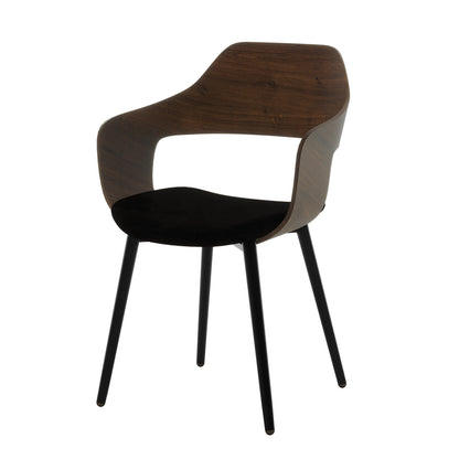 Kaylani & Winfield 5-Piece Wooden Dining Set features a round veneer table and velvet chairs. The close-up shows the chair's elegant design and wooden texture, highlighting sophistication and modern elegance.