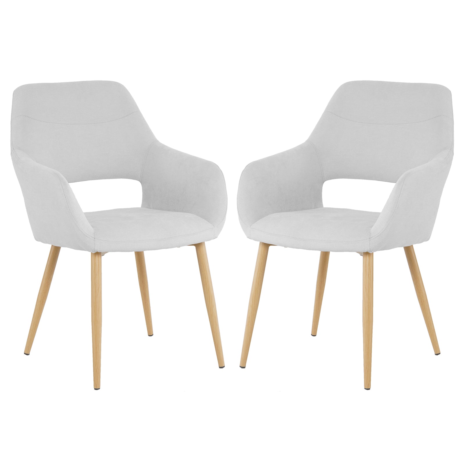 Keith Fabric Dining Chair Set of 2 in Light Grey featuring curved upholstered seats with cut-out armrests, splayed wooden legs, and a minimalist design perfect for dining or modern living spaces.