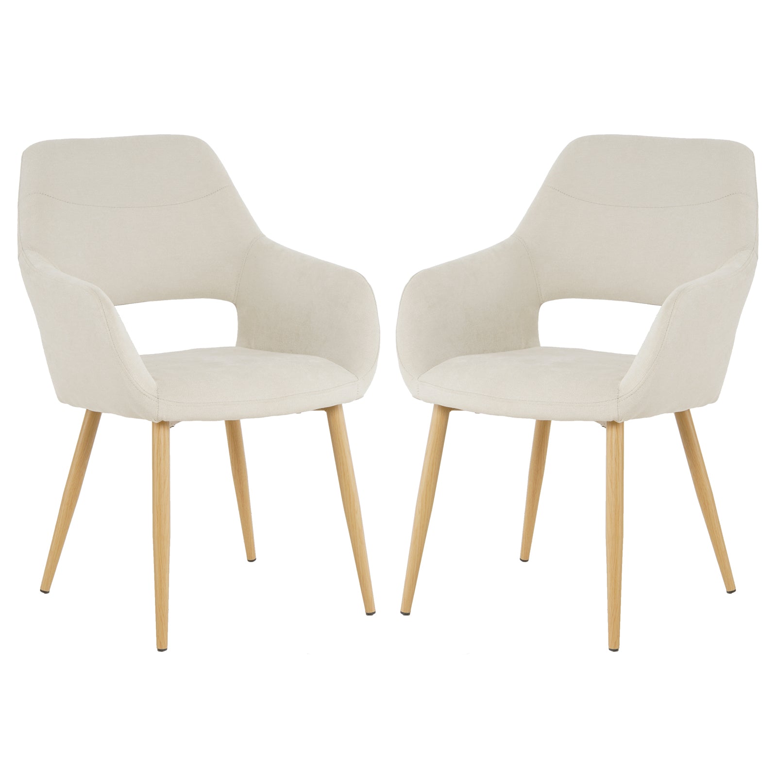 Keith Fabric Dining Chair Set of 2 in Light Beige features modern-style chairs with curved upholstered shells, integrated armrests, open lower back, and tapered light-wood legs with metal ferrules.