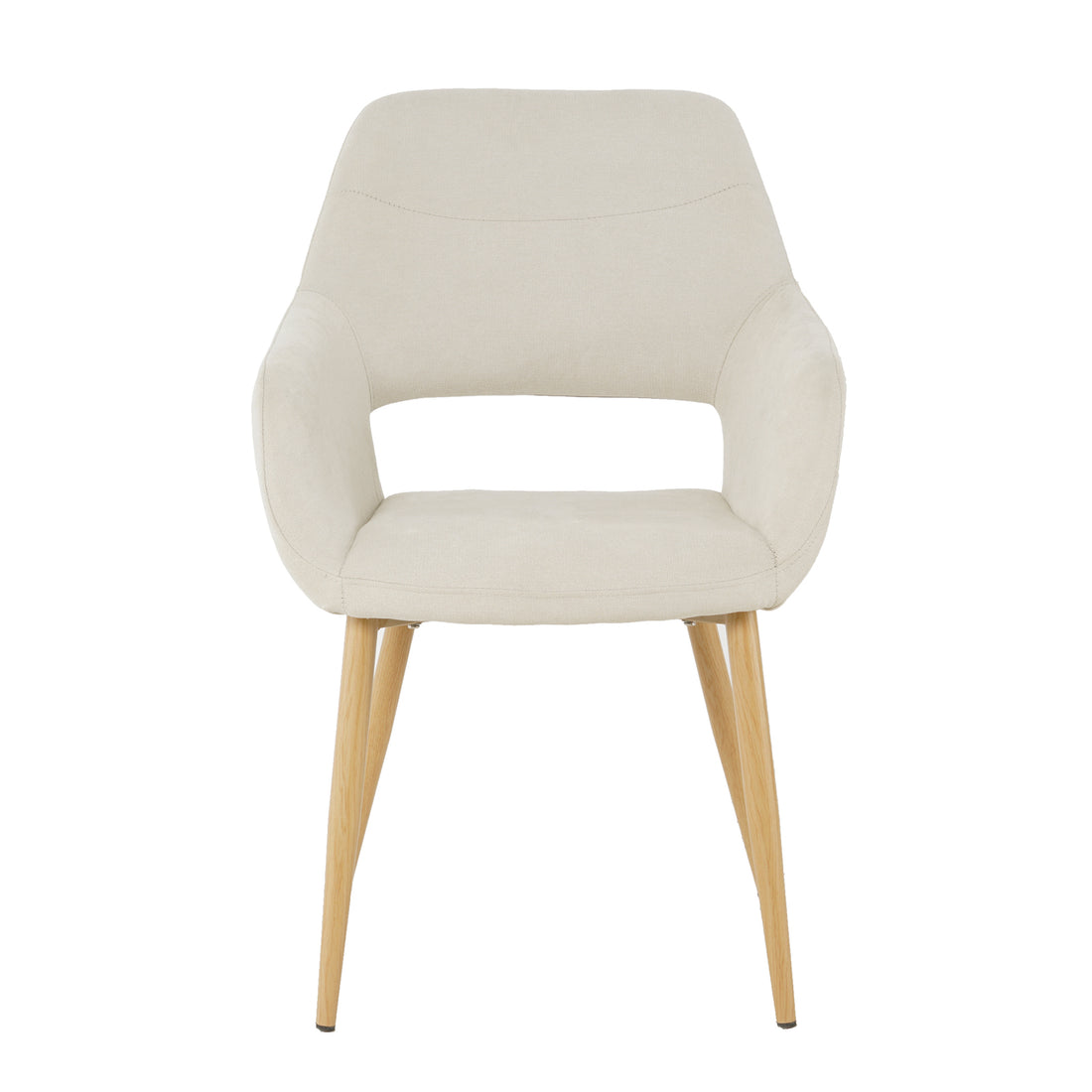 Keith Fabric Dining Chair Set of 2 in Light Beige features a modern-style design with a molded back, integrated armrests, upholstered in light fabric, standing on gently tapered natural-wood legs.