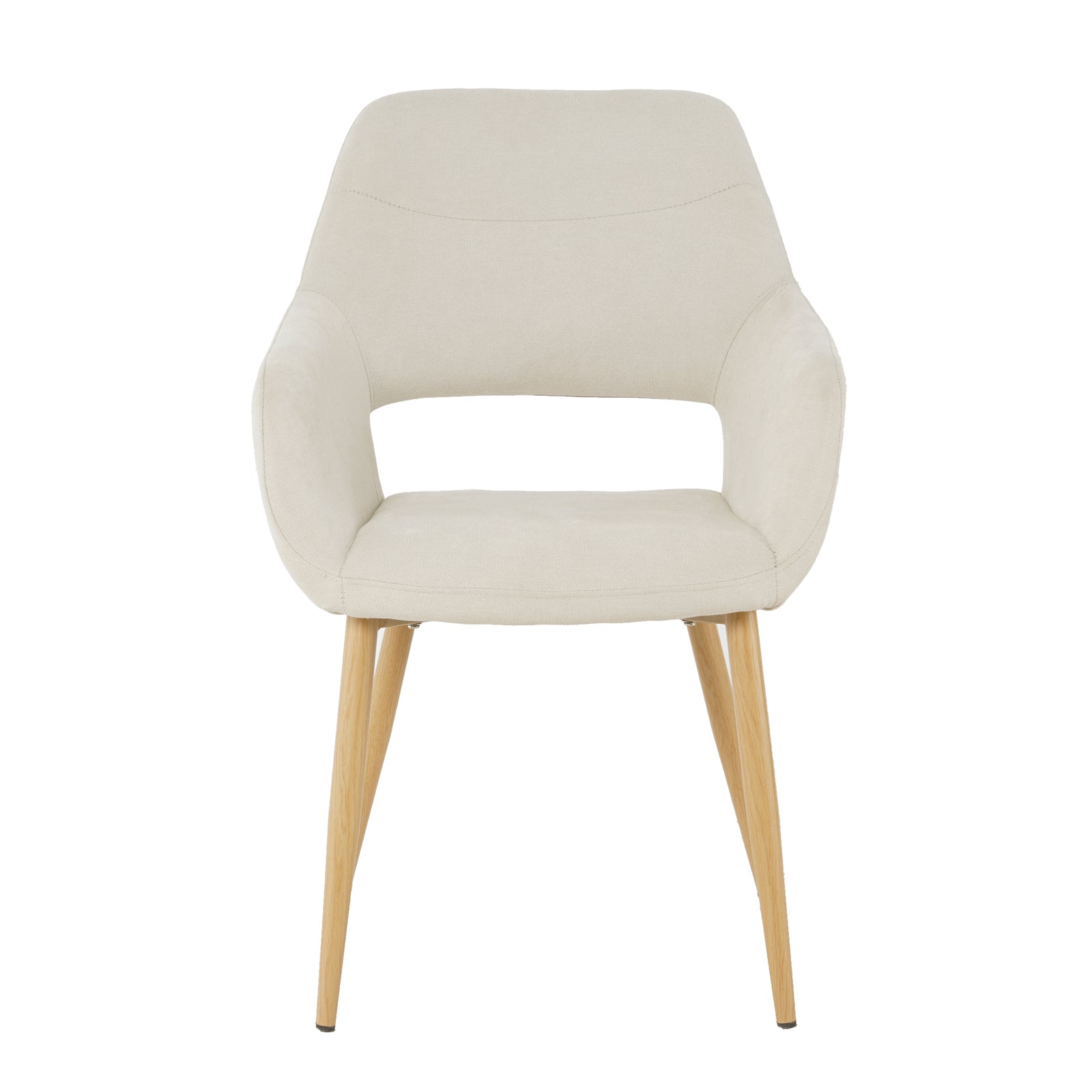 Keith Fabric Dining Chair Set of 2 in Light Beige features a modern-style design with a molded back, integrated armrests, upholstered in light fabric, standing on gently tapered natural-wood legs.