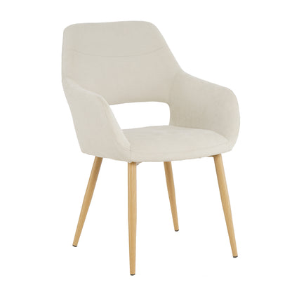 Keith Fabric Dining Chair Set of 2 in Light Beige featuring a contoured upholstered seat, cut-out back, integrated armrests, and four tapered light-wood legs, perfect for stylish, comfortable dining.