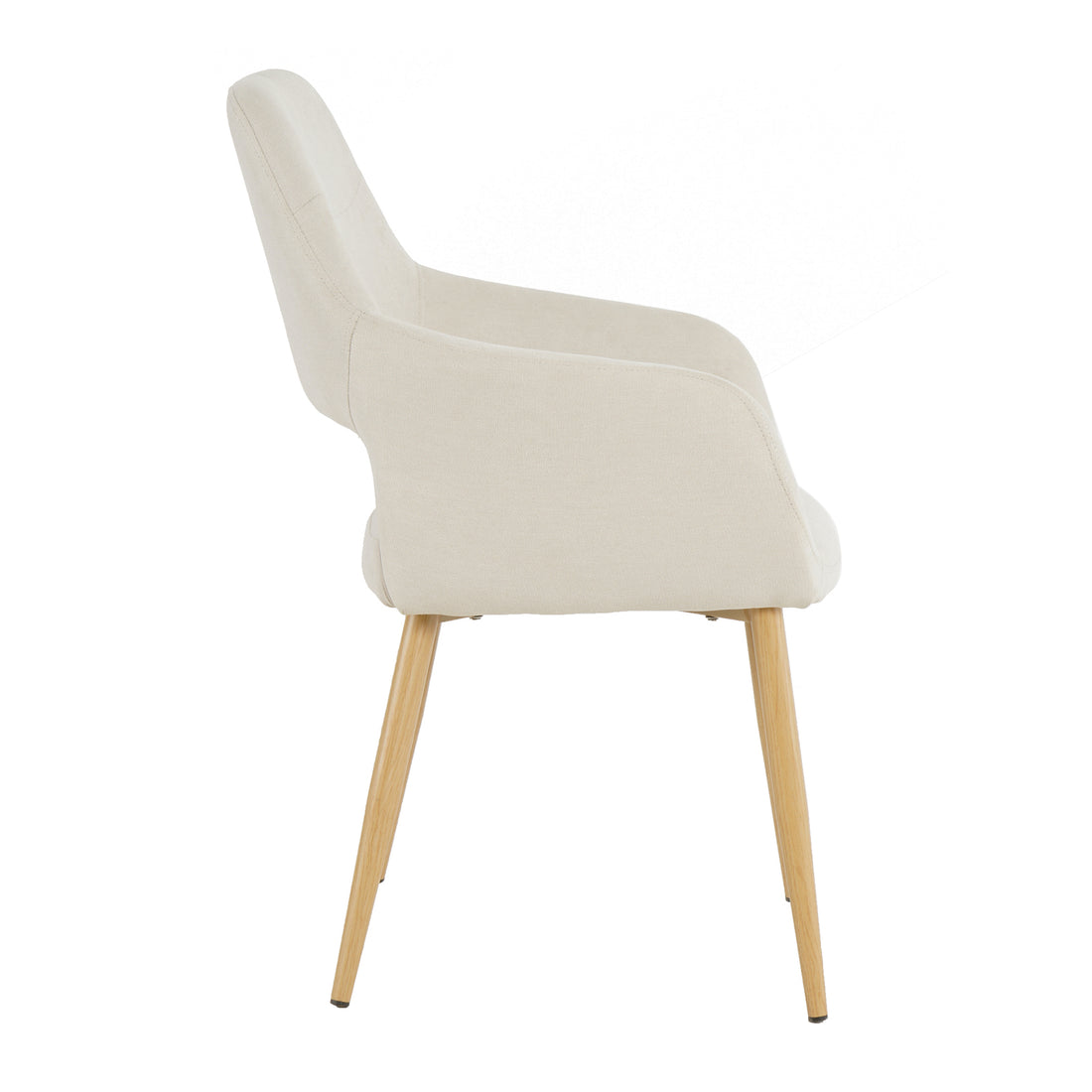 Keith Fabric Dining Chair Set of 2 in Light Beige features a shell-style seat with armrests, upholstered in cream fabric, resting on four slender, natural-finish wooden legs, offering stylish and comfortable dining seating.