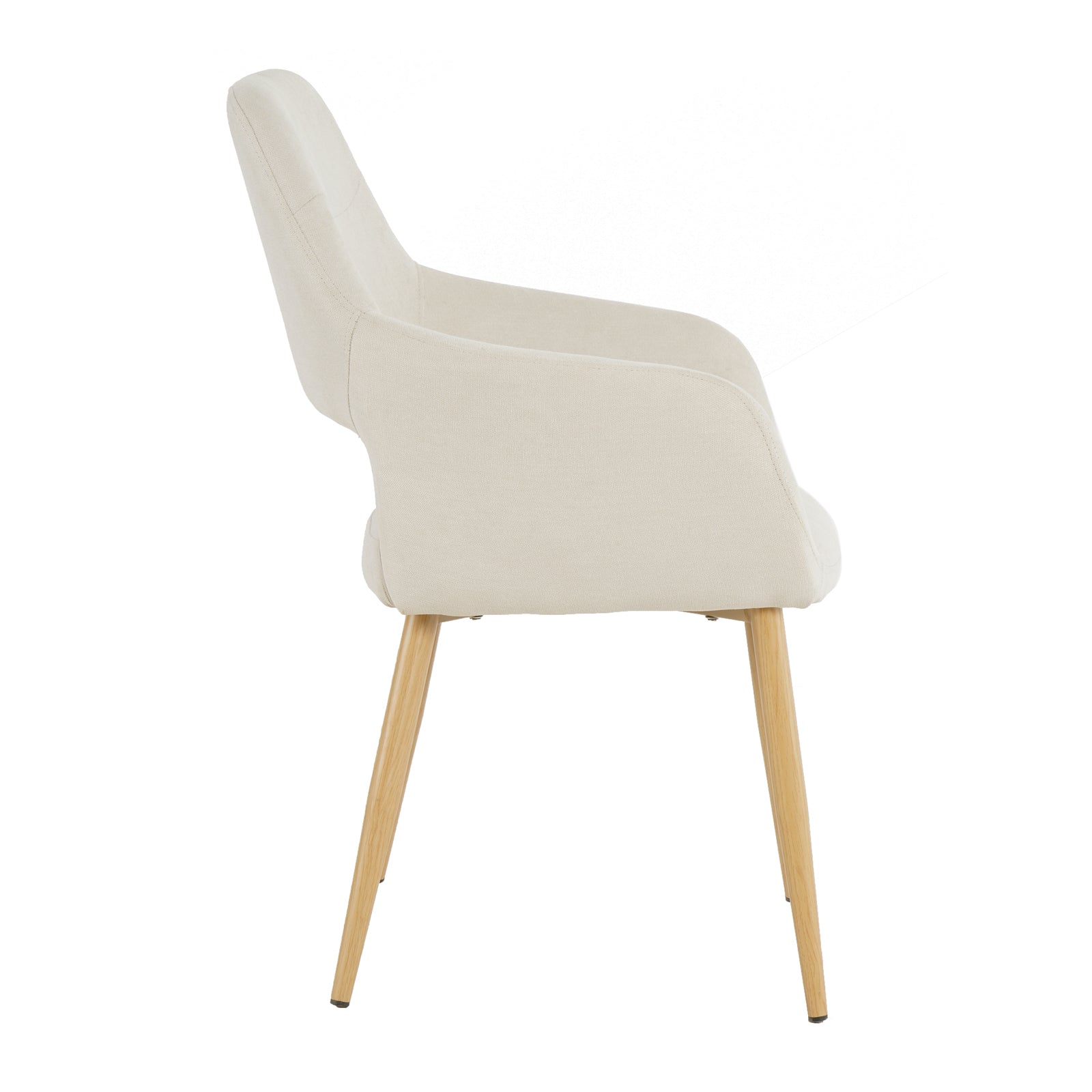 Keith Fabric Dining Chair Set of 2 in Light Beige features a shell-style seat with armrests, upholstered in cream fabric, resting on four slender, natural-finish wooden legs, offering stylish and comfortable dining seating.