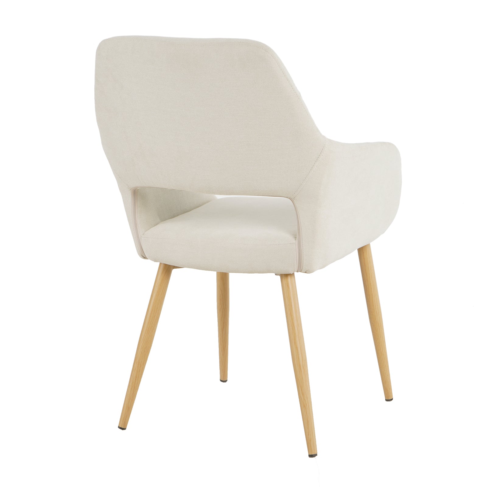 Keith Fabric Dining Chair Set of 2 in Light Beige, featuring cream upholstered seats with flared arm panels, supported by slender, tapered wooden legs in a light oak finish.