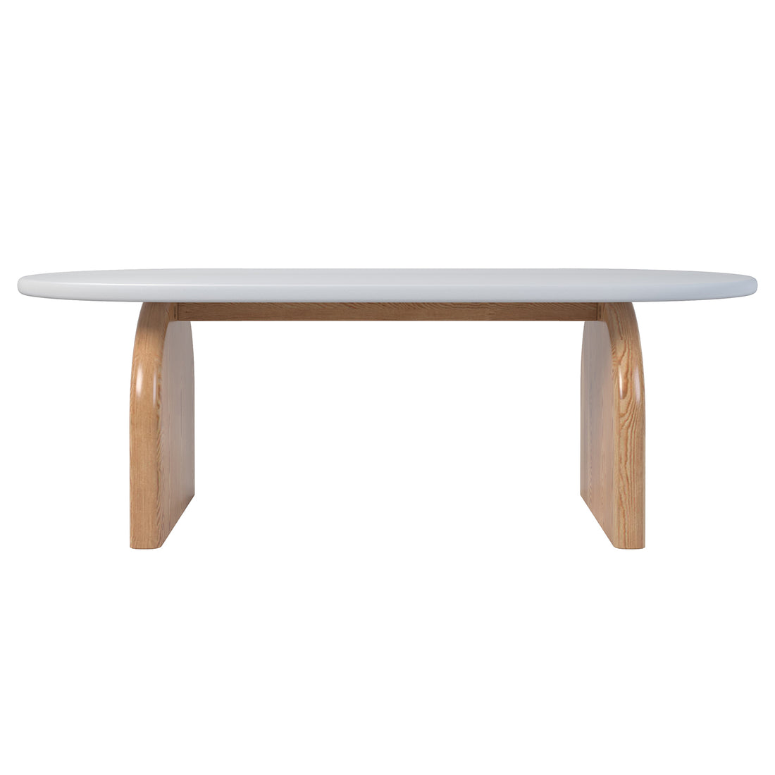 Kerry 120cm Solid Oak Oval Coffee Table - White Natural, featuring a close-up of its sturdy natural oak legs and sleek white tabletop, showcasing its modern design and durable craftsmanship.