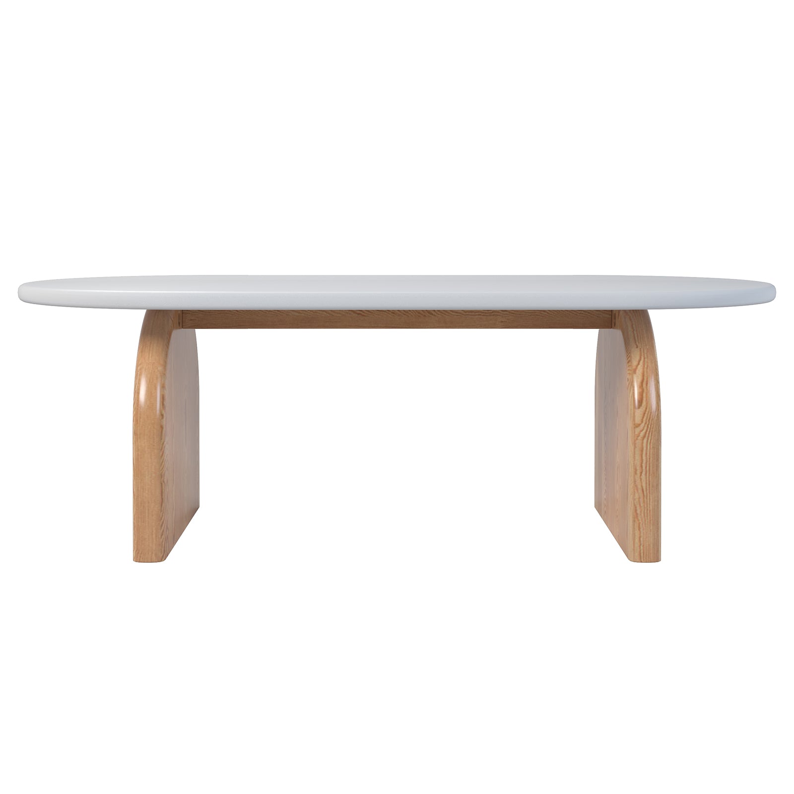 Kerry 120cm Solid Oak Oval Coffee Table - White Natural, featuring a close-up of its sturdy natural oak legs and sleek white tabletop, showcasing its modern design and durable craftsmanship.