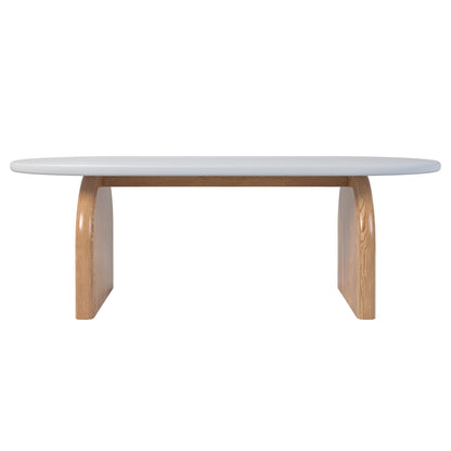 Kerry 120cm Solid Oak Oval Coffee Table - White Natural, featuring a close-up of its sturdy natural oak legs and sleek white tabletop, showcasing its modern design and durable craftsmanship.