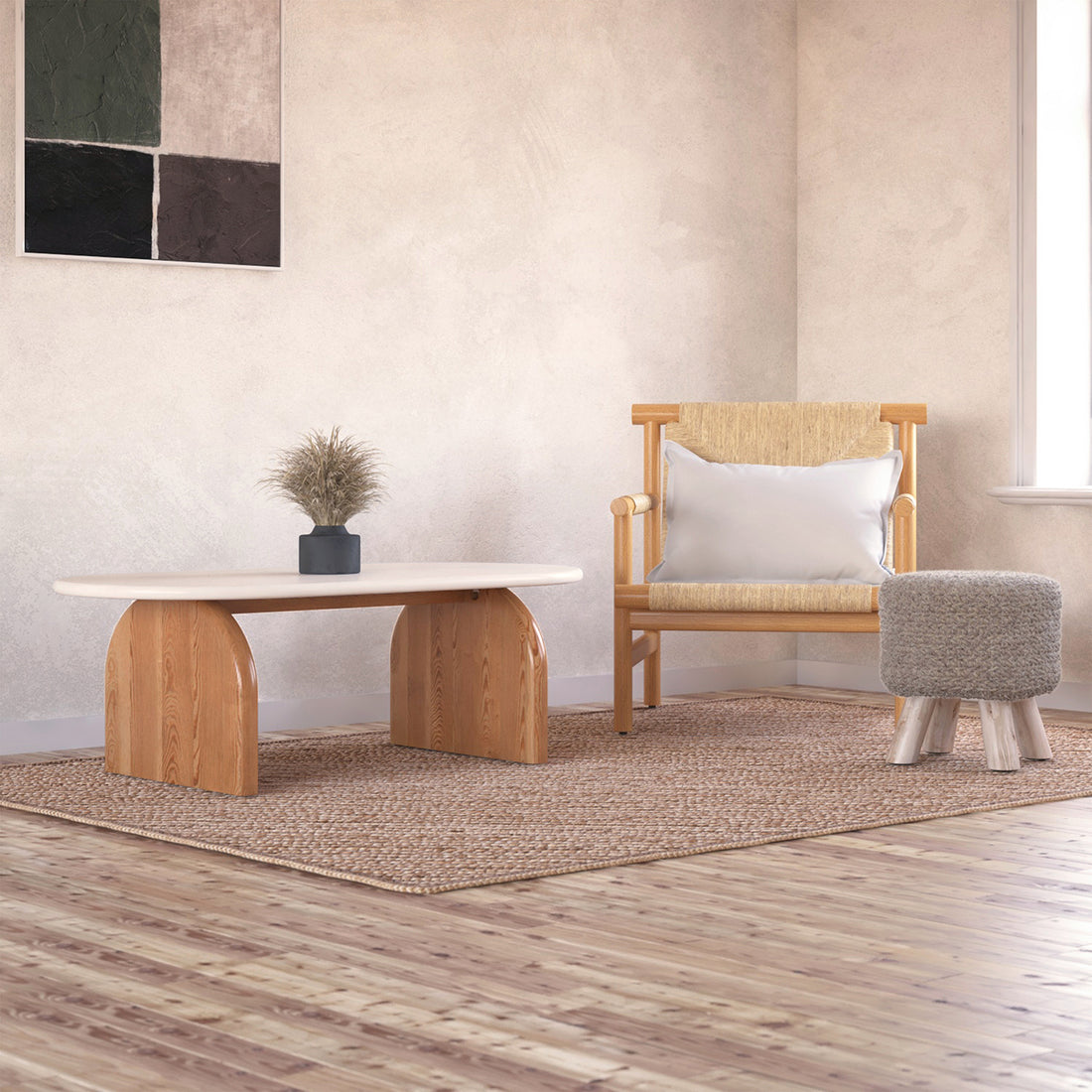Kerry 120cm Solid Oak Oval Coffee Table - White Natural, showcasing a sleek white tabletop and sturdy natural oak legs on a wooden floor, emphasizing its modern design and durability for living room settings.
