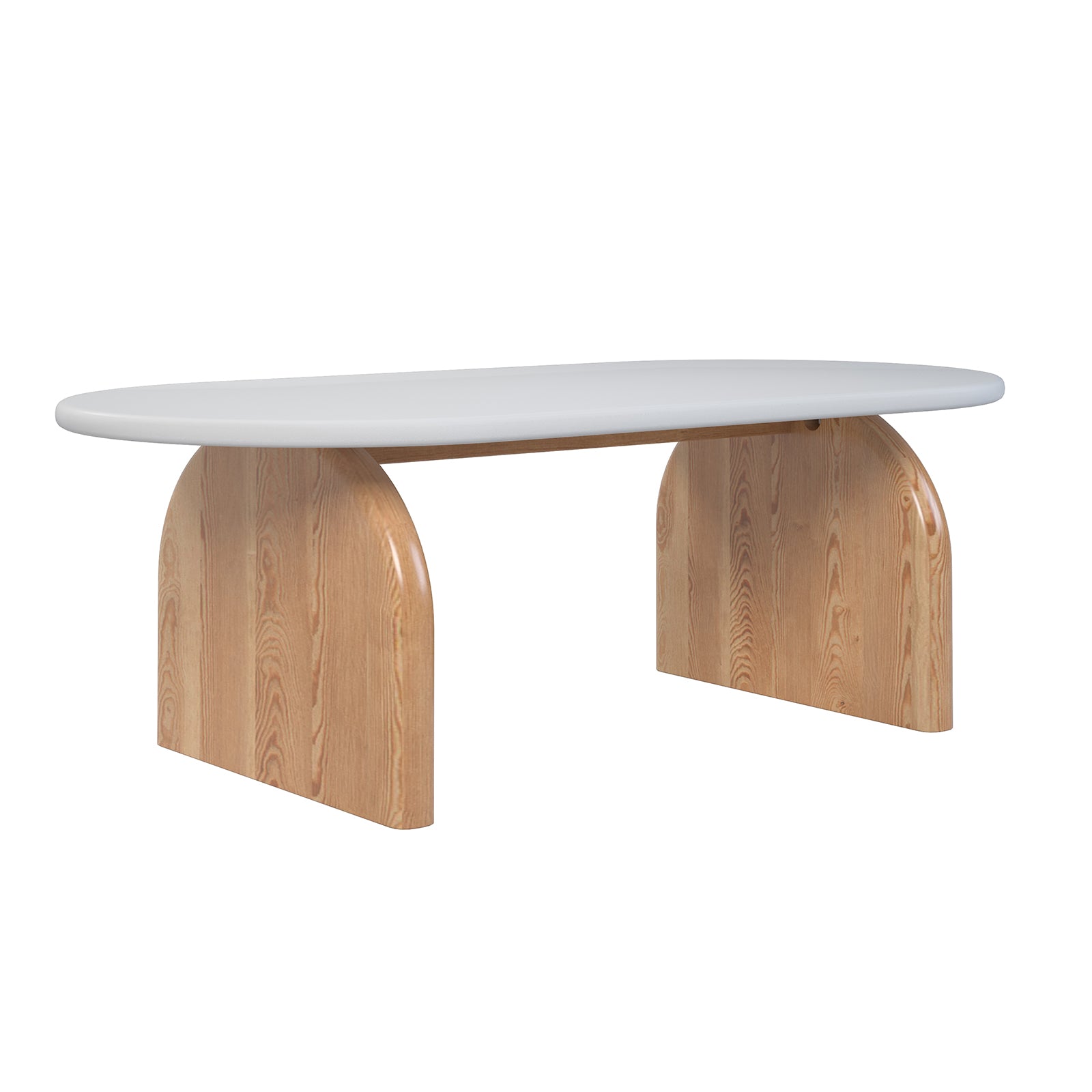 Kerry 120cm Solid Oak Oval Coffee Table in White & Natural with a smooth oval tabletop and sturdy arch-shaped wooden legs showcasing a natural wood grain finish, exemplifying modern minimalism and durability.