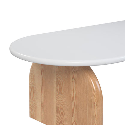 Kerry 120cm Solid Oak Oval Coffee Table - White Natural featuring a sleek white oval tabletop and sturdy natural oak wooden legs, showcasing its modern design and robust construction. Ideal for stylish living rooms.