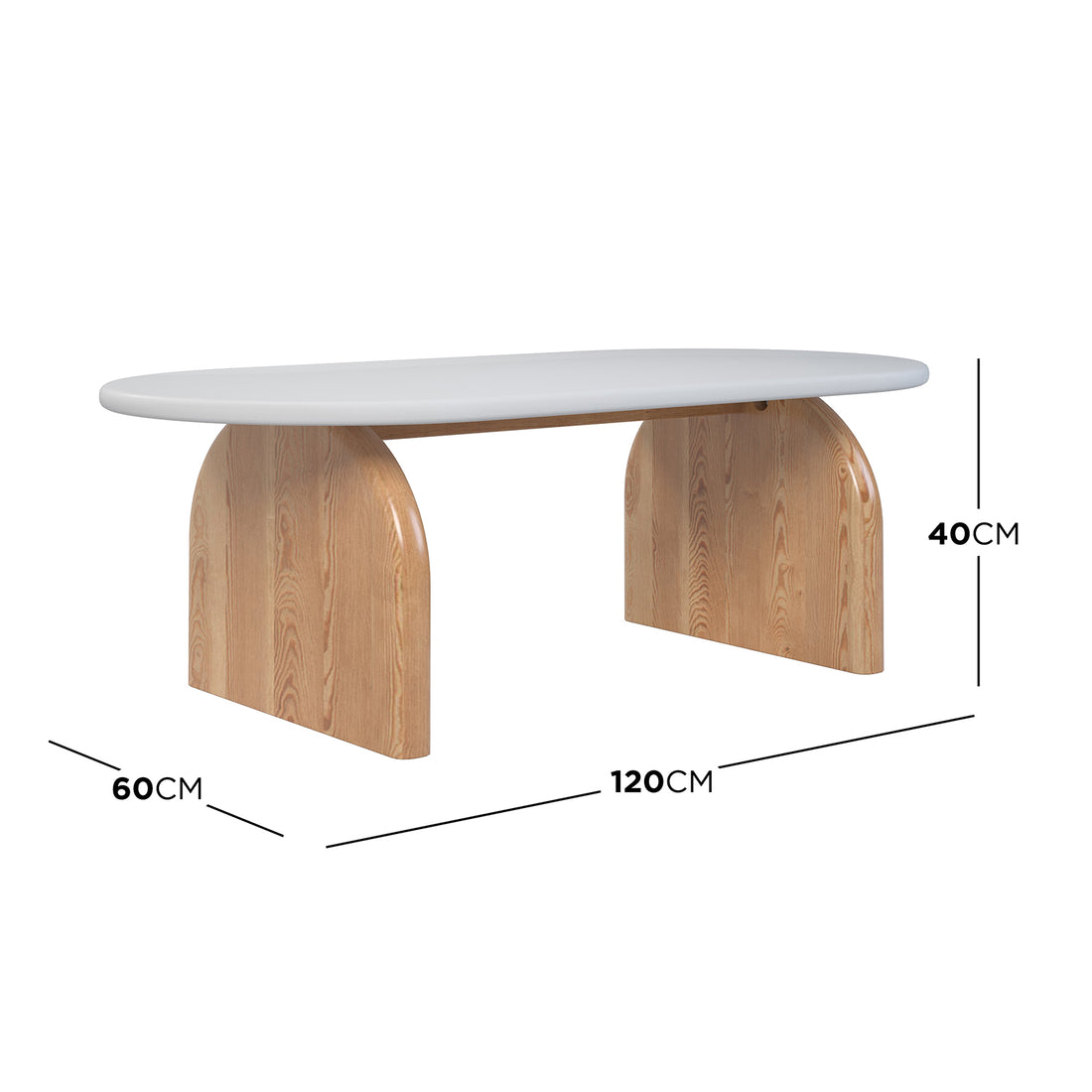 Kerry 120cm Solid Oak Oval Coffee Table - White Natural featuring a sleek white tabletop and sturdy natural oak legs, showcasing a modern design on a wooden surface.
