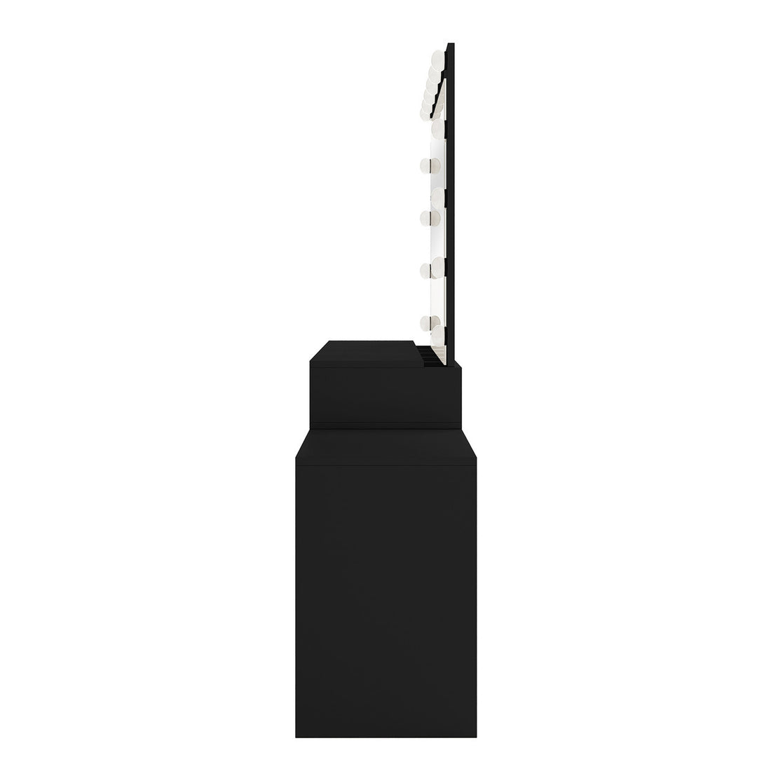 Lassie Hollywood Vanity Dressing Table with Drawers in Black features a side-view of a black unit with a tall mirror framed by round LED lights, on a stepped base.
