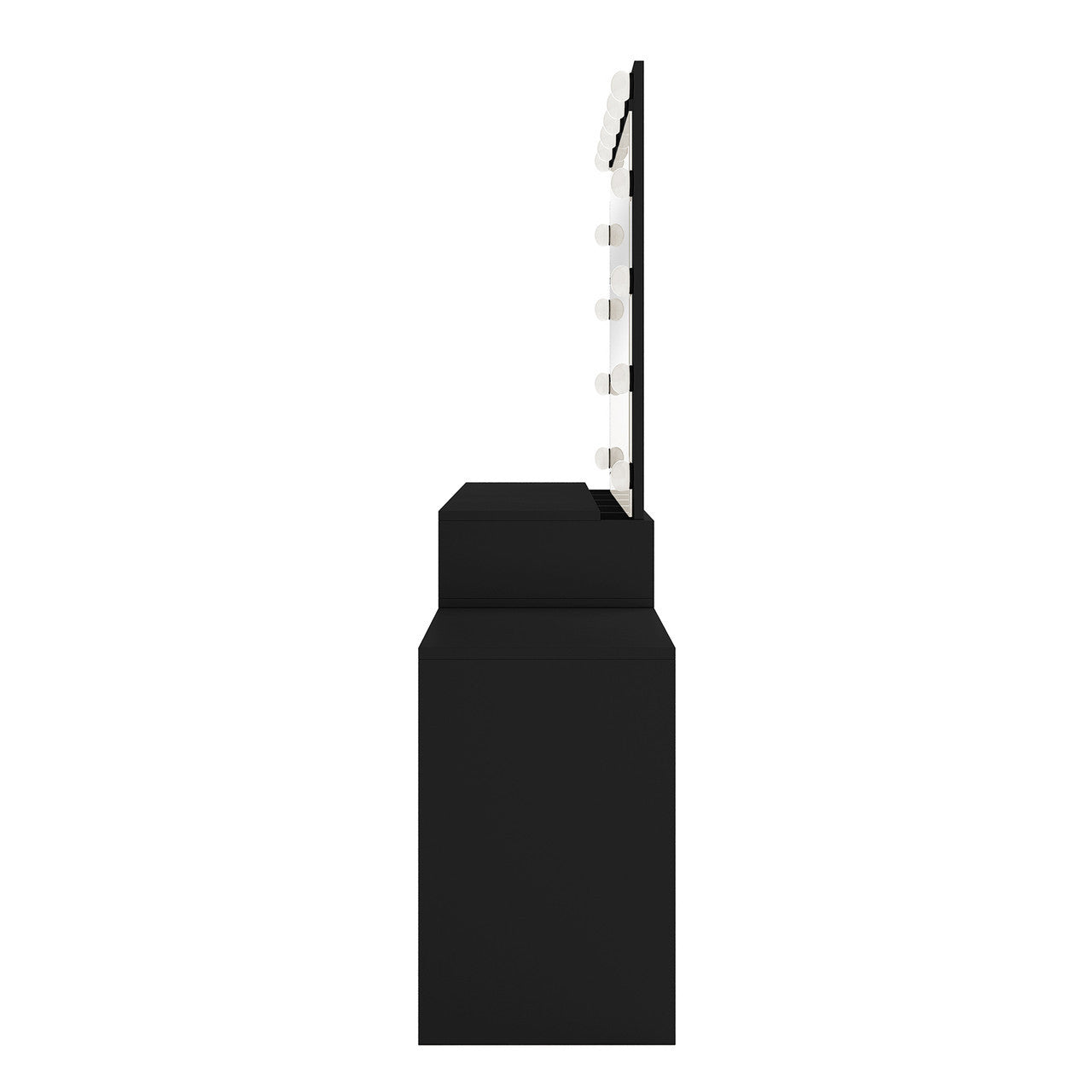 Lassie Hollywood Vanity Dressing Table with Drawers in Black features a side-view of a black unit with a tall mirror framed by round LED lights, on a stepped base.