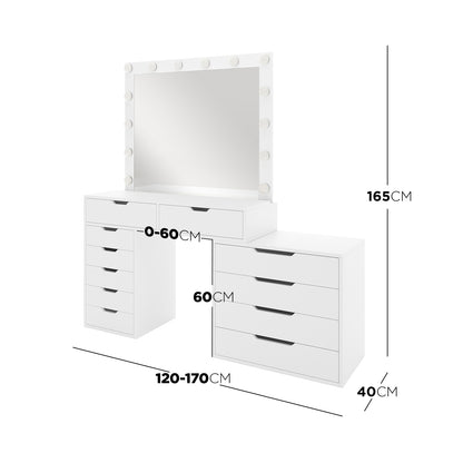 Lassie Hollywood Vanity Dressing Table with Drawers in White featuring a large mirror with 14 bulbs, dual pedestals with various-sized drawers, and two shallow tabletop drawers for organized beauty storage.