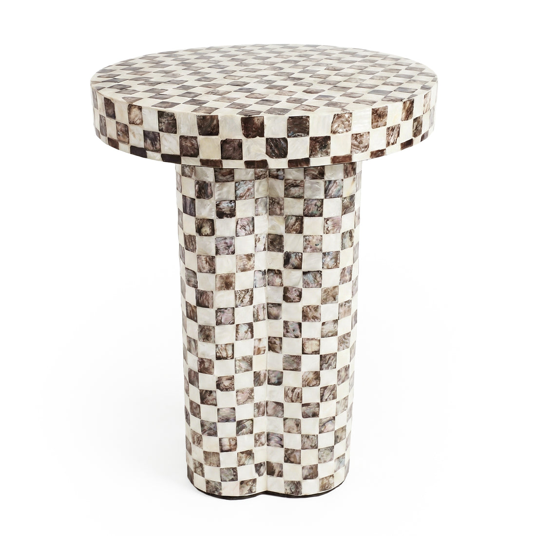 Modern round pedestal table with checkered pattern on white background