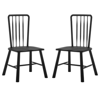 Leigh Solid Oak High-back Dining Chair Black Set of 2 features identical black wooden chairs with straight backs and thin vertical spindles, showcasing a modern farmhouse style against a white background.