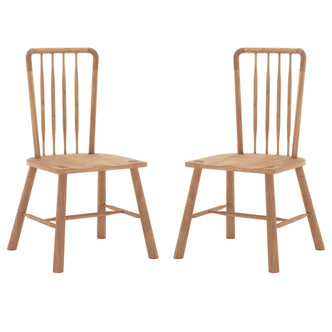 Leigh Solid Oak High-back Dining Chair Set of 2 features minimalist design with natural-finish wood, flat contoured seats, splayed legs, and a tall backrest with five slender spindles for a classic look.