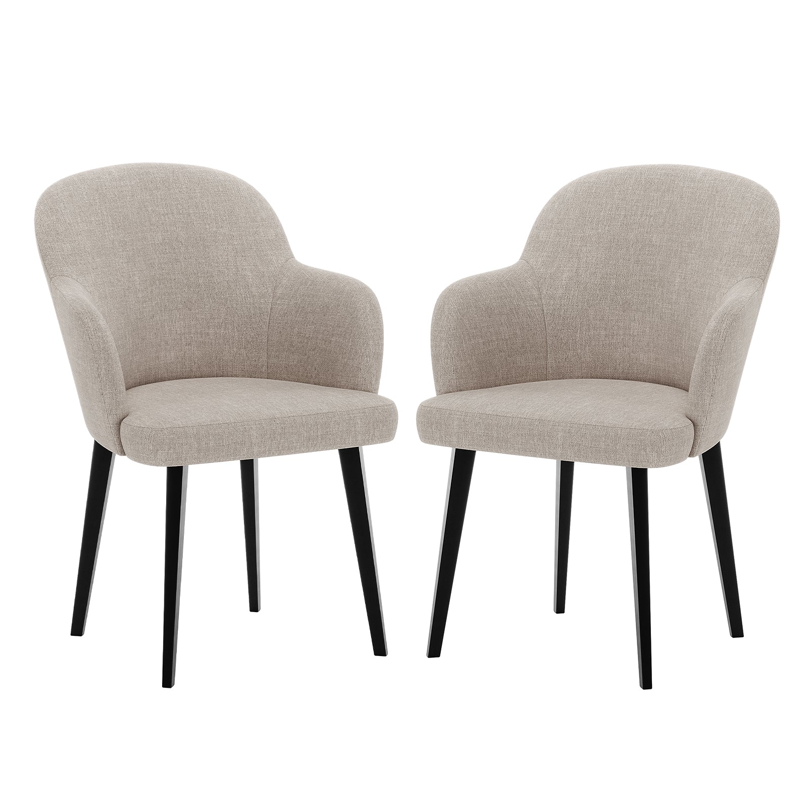 Lennon Linen Fabric Dining Chair Set of 2 in Beige, featuring gently curved upholstered seats with integrated armrests and straight matte black tapered legs, enhancing any dining space with modern elegance.