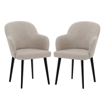 Lennon Linen Fabric Dining Chair Set of 2 in Beige, featuring gently curved upholstered seats with integrated armrests and straight matte black tapered legs, enhancing any dining space with modern elegance.