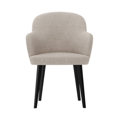 Lennon Linen Fabric Dining Chair Set of 2 in Beige, featuring a modern curved design with integrated armrests, upholstered in beige fabric, and supported by sleek black legs.