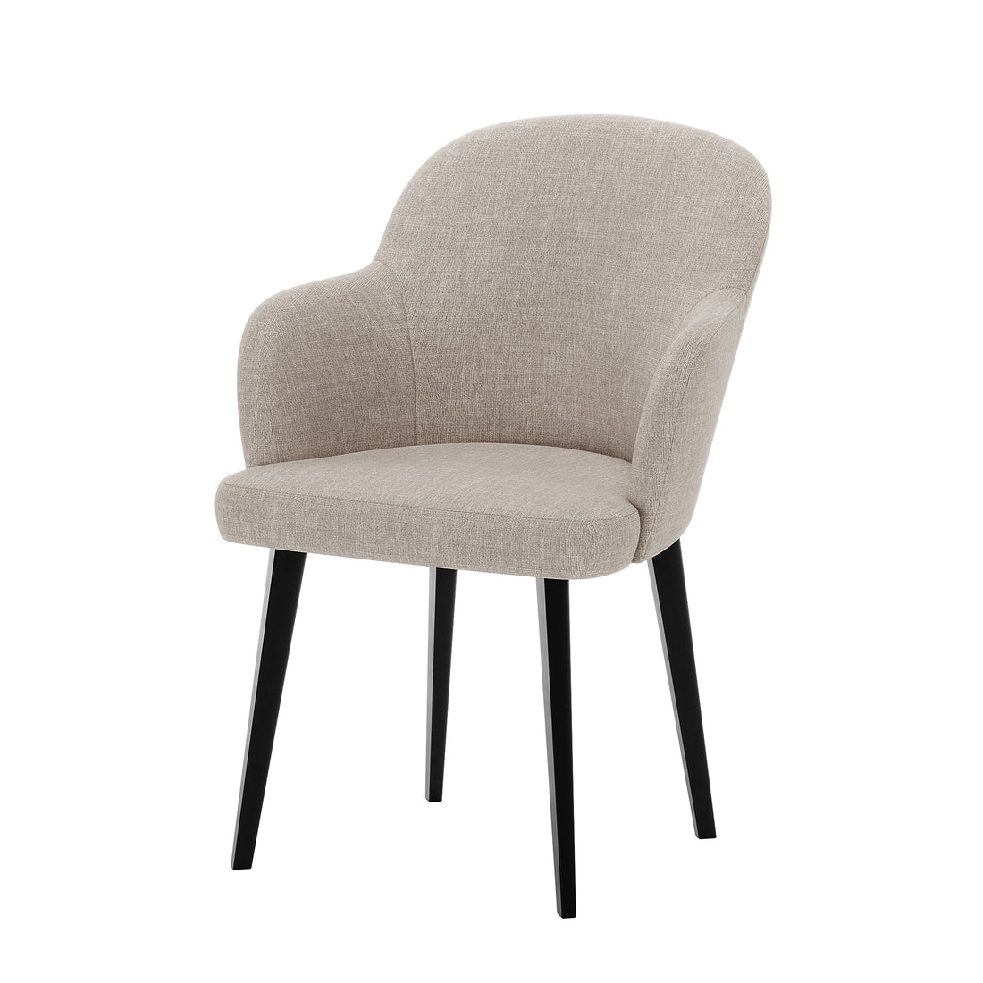 Lennon Linen Fabric Dining Chair Set of 2 in Beige featuring a softly rounded upholstered seat with integrated low armrests and backrest, supported by slender black legs for a modern accent.