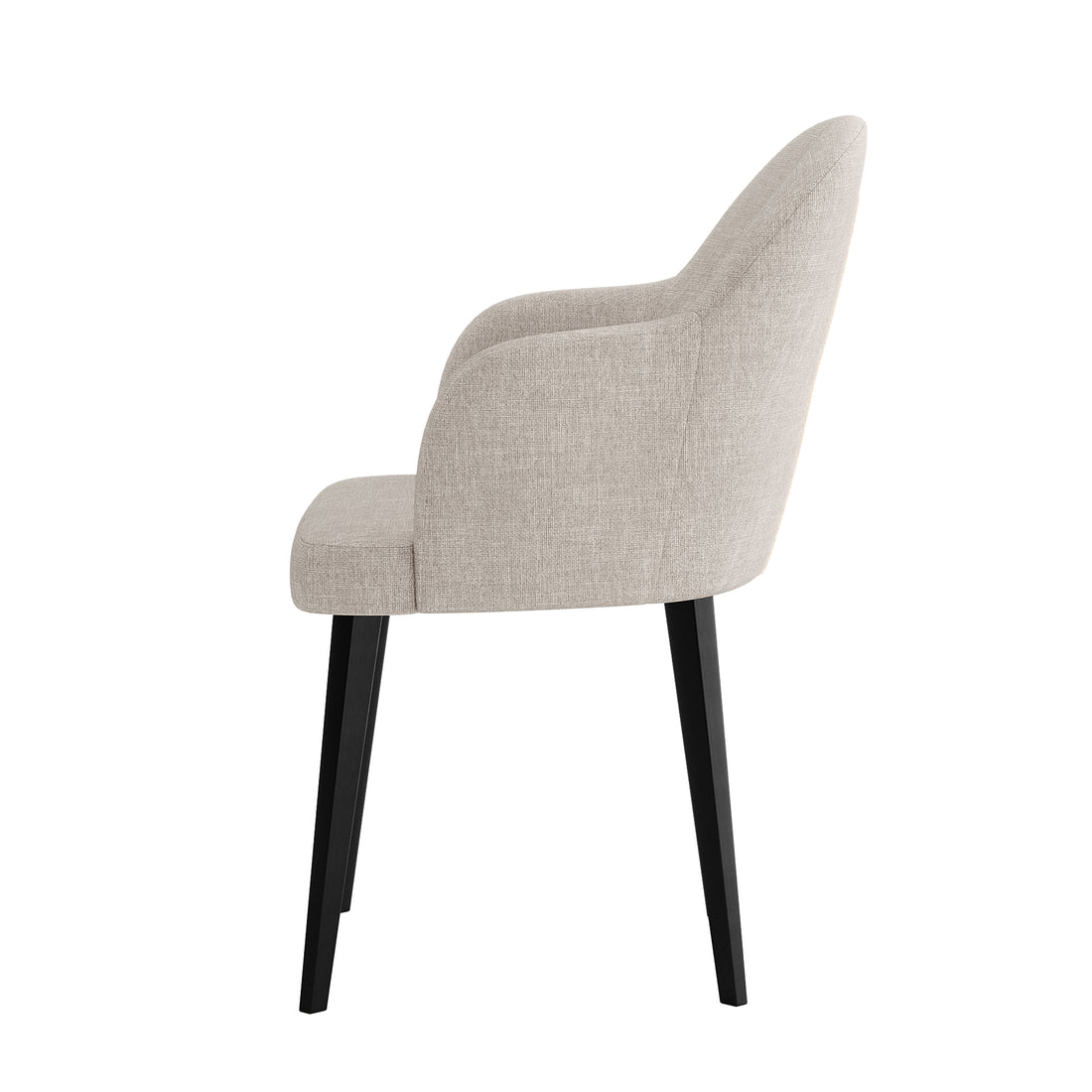 Lennon Linen Fabric Dining Chair Set of 2 in Beige, featuring a modern profile with a gently curved, padded backrest and integrated armrests, upholstered in light-beige fabric, on slim black legs.