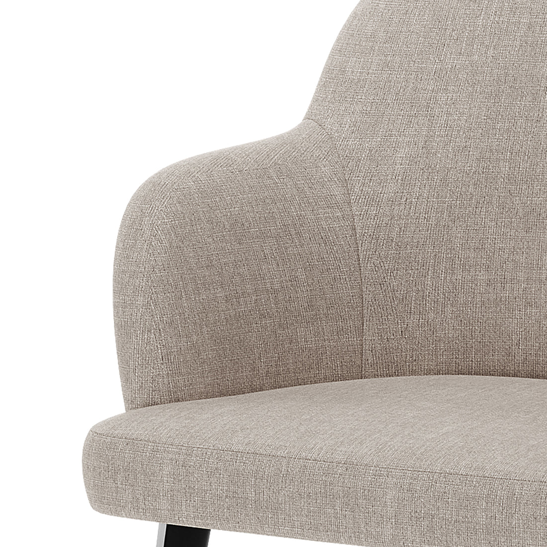 Close-up of the Lennon Linen Fabric Dining Chair Set of 2 in Beige, featuring a padded backrest and seat cushion with a curved armrest, and a sturdy black leg visible underneath.
