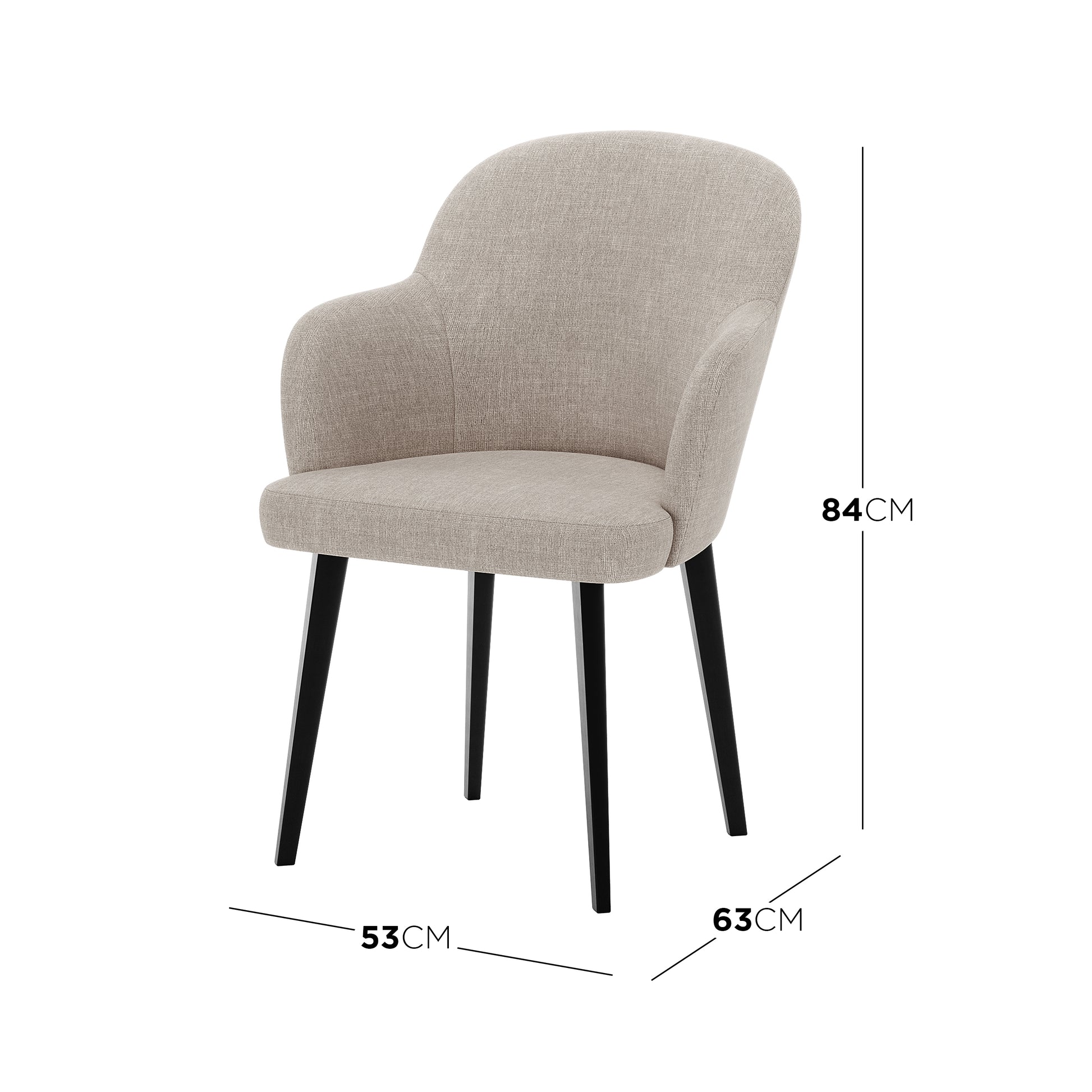 Lennon Linen Fabric Dining Chair Set of 2 in Beige, featuring a gently curved padded design with integrated armrests, black tapered legs, and approximate dimensions of 84cm tall, 53cm width, and 63cm depth.
