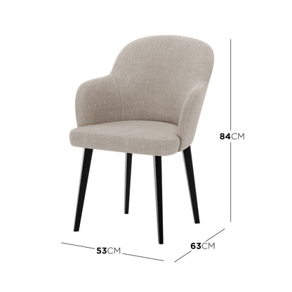 Lennon Linen Fabric Dining Chair Set of 2 in Beige, featuring a gently curved padded design with integrated armrests, black tapered legs, and approximate dimensions of 84cm tall, 53cm width, and 63cm depth.