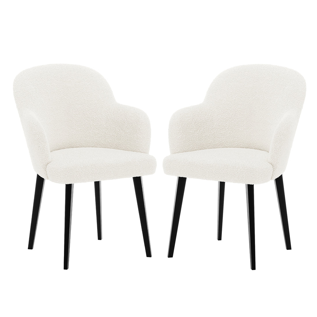 Lennon Bouclé Dining Chair Set of 2 in Cream White, featuring softly curved backrests, integrated armrests in textured bouclé fabric, and supported by slim black legs, offers modern elegance and comfort.