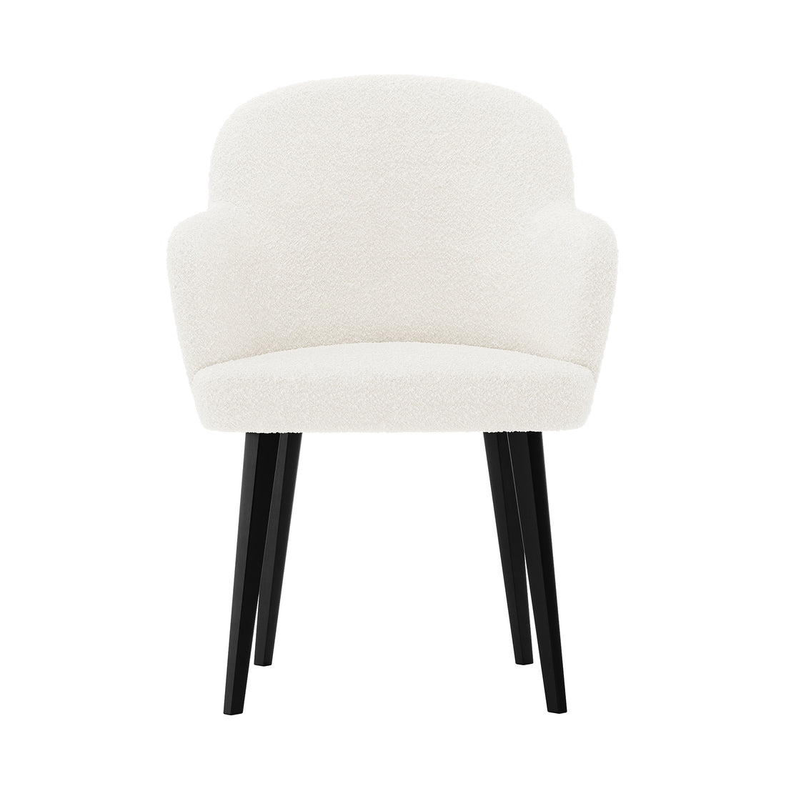 Lennon Bouclé Dining Chair Set of 2 in Cream White features soft off-white bouclé fabric, gently curved back with integrated low armrests, and four straight black wooden legs for elegant, comfortable dining.