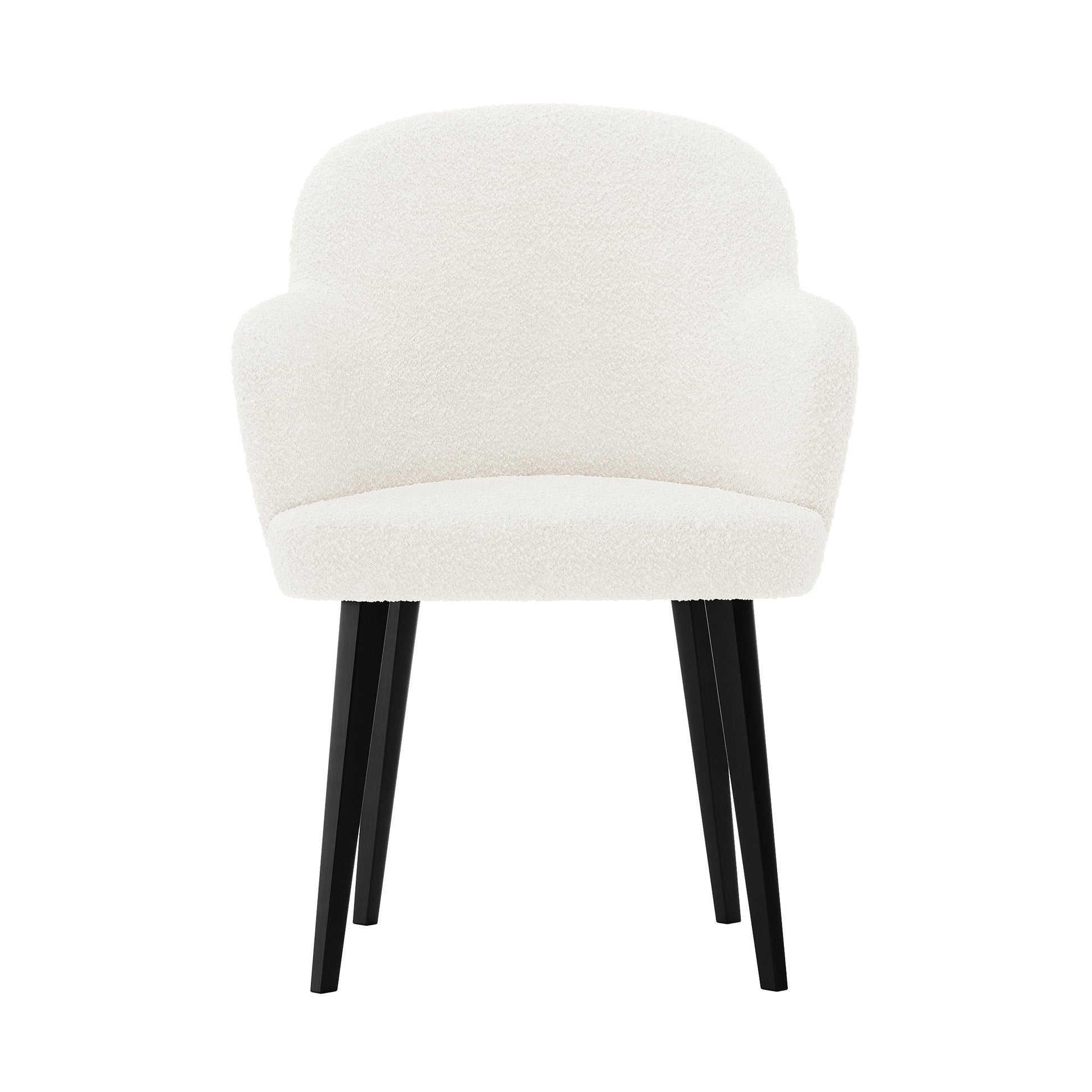 Lennon Bouclé Dining Chair Set of 2 in Cream White features soft off-white bouclé fabric, gently curved back with integrated low armrests, and four straight black wooden legs for elegant, comfortable dining.