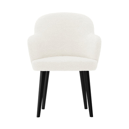 Lennon Bouclé Dining Chair Set of 2 in Cream White features soft off-white bouclé fabric, gently curved back with integrated low armrests, and four straight black wooden legs for elegant, comfortable dining.