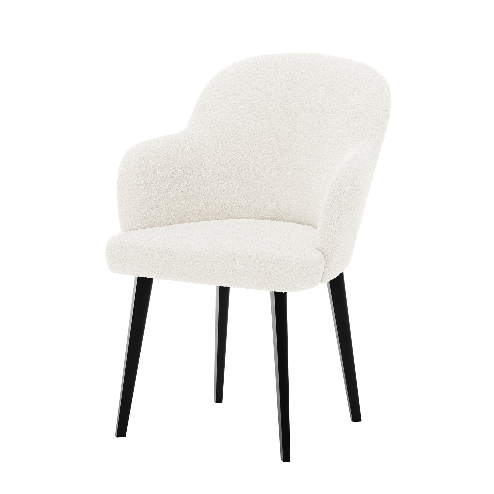 Lennon Bouclé Dining Chair Set of 2 in Cream White features a modern, curved back with integrated armrests, upholstered in textured bouclé fabric, supported by slim, tapered black legs.
