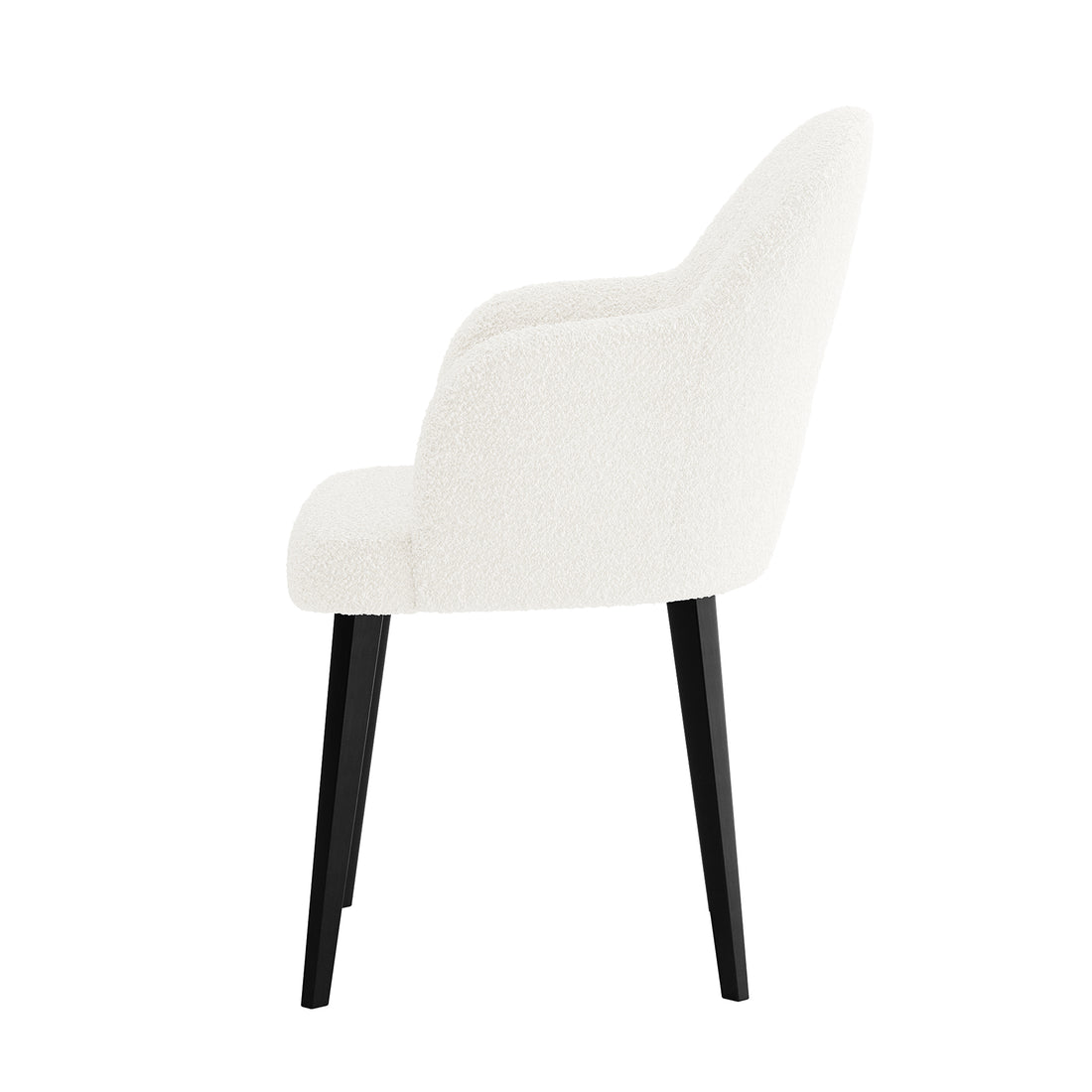 Lennon Bouclé Dining Chair Set of 2 in Cream White features modern upholstered chairs with curved backs, integrated armrests, and black tapered legs, offering elegant style and plush comfort for any dining space.