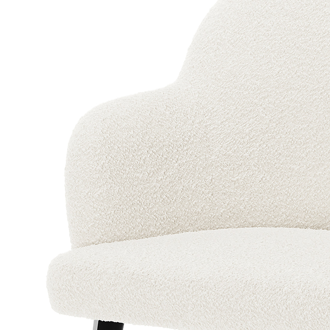 Close-up of the Lennon Bouclé Dining Chair Set of 2 in Cream White, showcasing its textured off-white bouclé upholstery and one visible black leg, highlighting modern elegance and comfort.