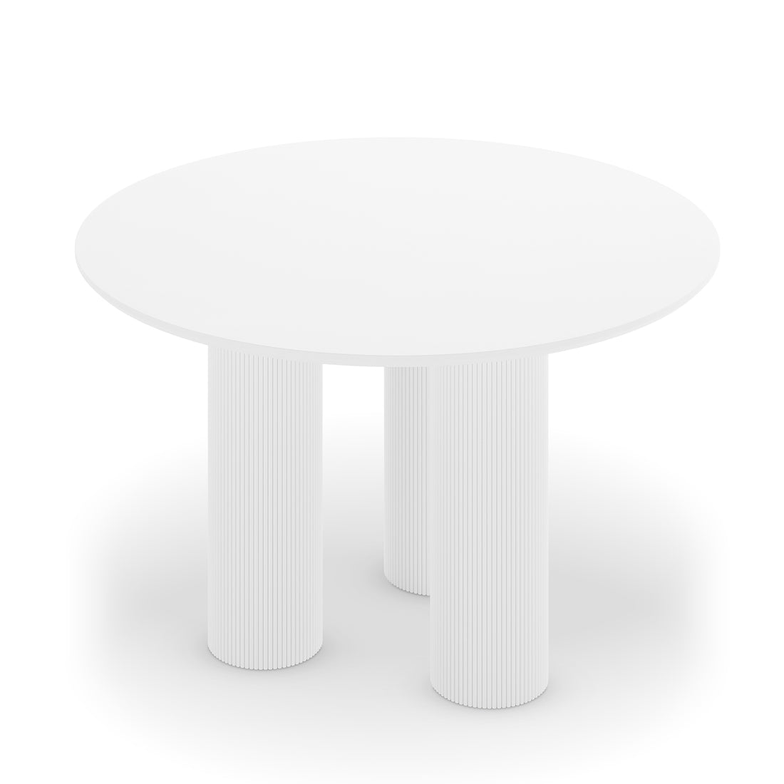 Lucina 4 Seater Fluted Round Dining Table features a sleek, white round surface with distinctive fluted pillar legs, offering a sophisticated design suited for both intimate meals and lively gatherings.