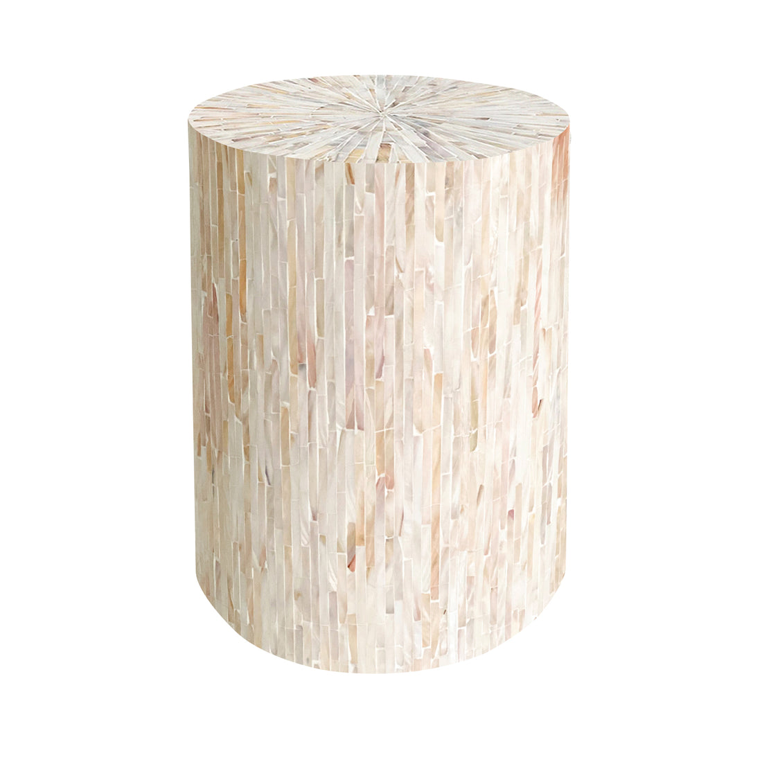 Lulu Mother of Pearl Inlay Side Table in Cream, featuring a cylindrical drum shape with a shimmering mosaic of light-beige tiles, radiating across the top and sides for a luxurious, timeless look.