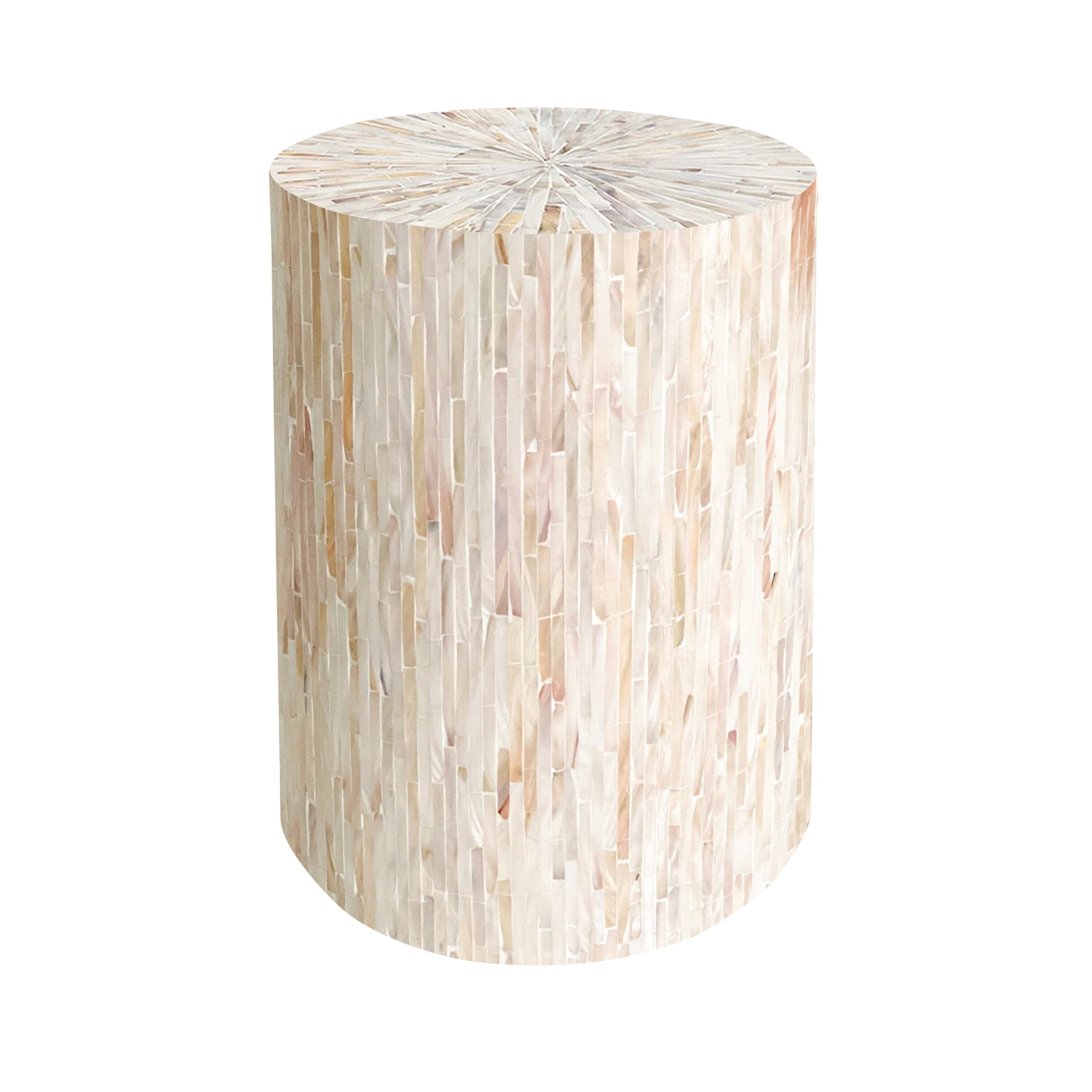 Lulu Mother of Pearl Inlay Side Table in Cream, featuring a cylindrical drum shape with a shimmering mosaic of light-beige tiles, radiating across the top and sides for a luxurious, timeless look.