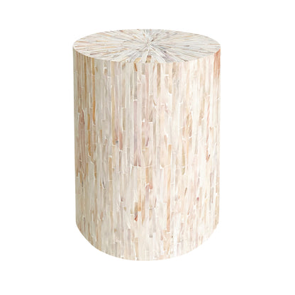 Lulu Mother of Pearl Inlay Side Table in Cream, featuring a cylindrical drum shape with a shimmering mosaic of light-beige tiles, radiating across the top and sides for a luxurious, timeless look.