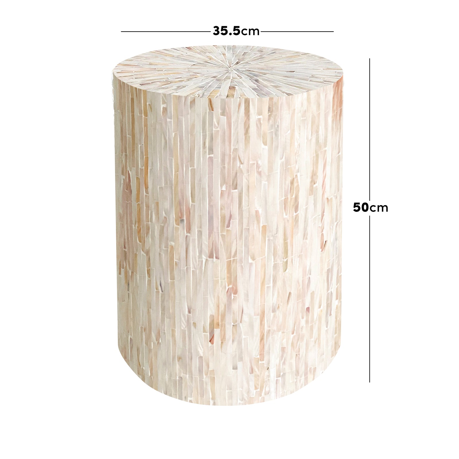 Lulu Mother of Pearl Inlay Side Table in Cream, featuring a cylindrical design with light-colored iridescent tiles, 35.5 cm in diameter, and 50 cm tall, showcasing elegant craftsmanship.