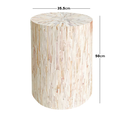 Lulu Mother of Pearl Inlay Side Table in Cream, featuring a cylindrical design with light-colored iridescent tiles, 35.5 cm in diameter, and 50 cm tall, showcasing elegant craftsmanship.