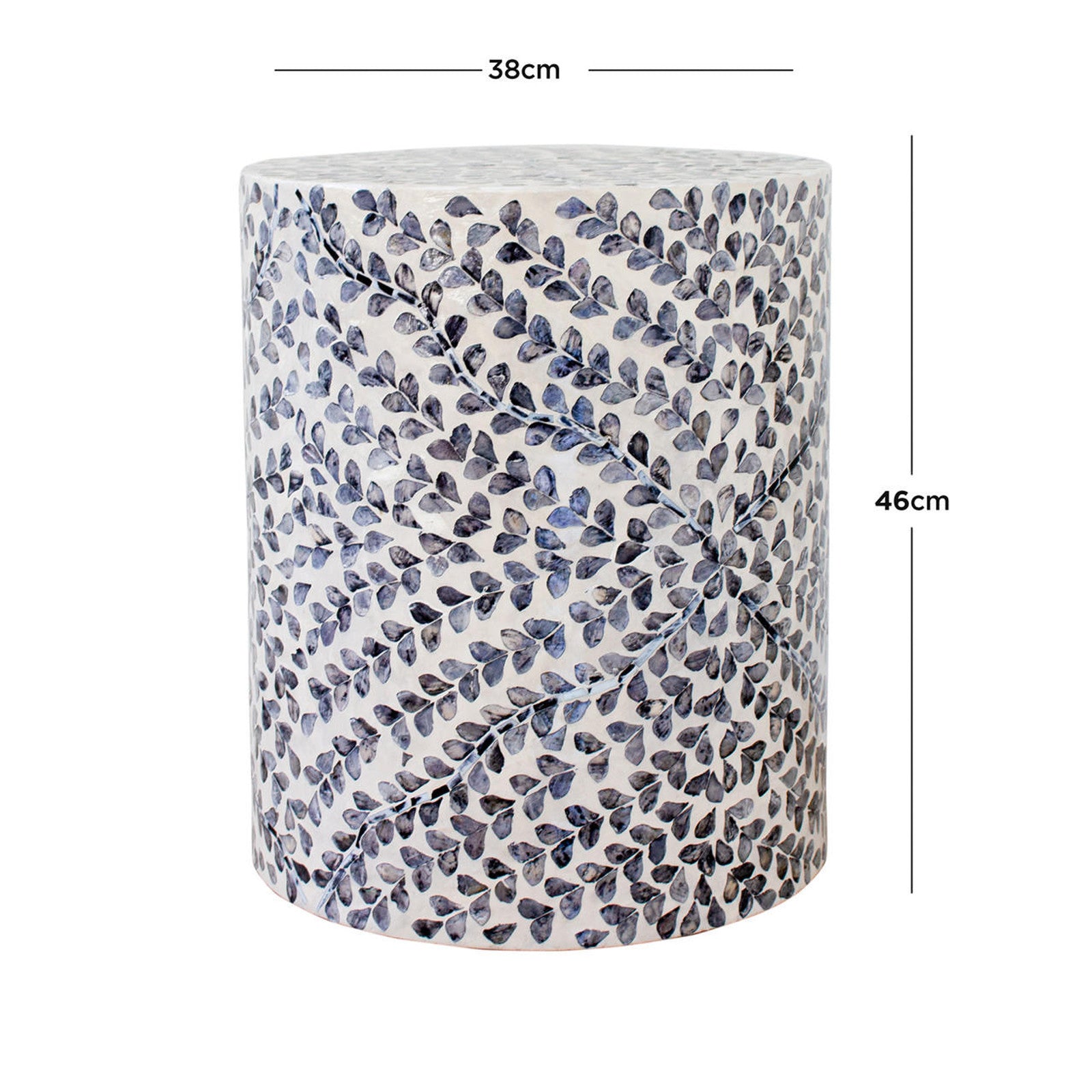 Lulu Floral Mother of Pearl Inlay Side Table in Blue, featuring a blue-leaf mosaic pattern on a white cylindrical base, 38 cm diameter, 46 cm tall, handcrafted in Vietnam.