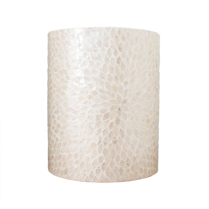 Lulu Mother of Pearl Inlay Side Table in White, featuring a drum shape with overlapping, petal-shaped off-white tiles, creating an iridescent, textured surface resembling capiz shells.
