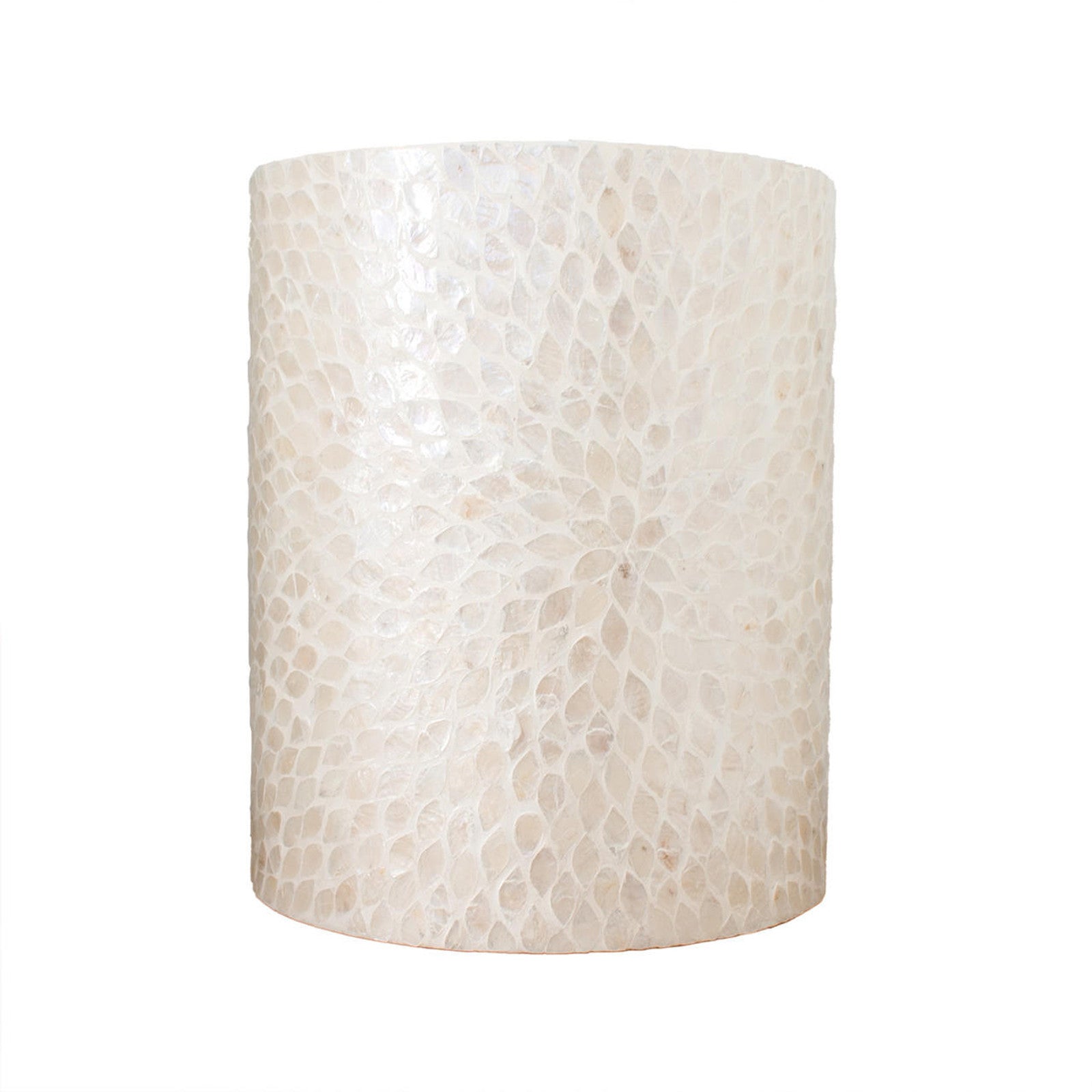 Lulu Mother of Pearl Inlay Side Table in White, showcasing a drum-shaped design with an intricate, off-white, shell-tile mosaic pattern, creating a radiant, sophisticated accent piece for elegant interiors.