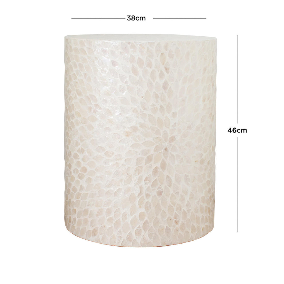 Lulu Mother of Pearl Inlay Side Table in White, drum-shaped with a shimmering shell mosaic surface, 38 cm top, 46 cm tall, elegant and durable, suitable for various interior styles.