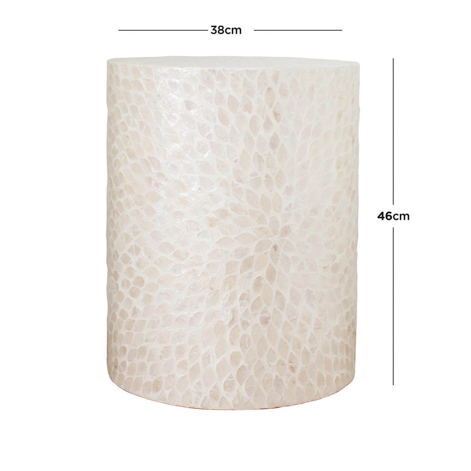 Lulu Mother of Pearl Inlay Side Table in White, drum-shaped with a shimmering shell mosaic surface, 38 cm top, 46 cm tall, elegant and durable, suitable for various interior styles.