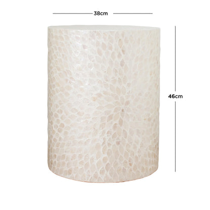 Lulu Mother of Pearl Inlay Side Table in White, drum-shaped with a shimmering shell mosaic surface, 38 cm top, 46 cm tall, elegant and durable, suitable for various interior styles.